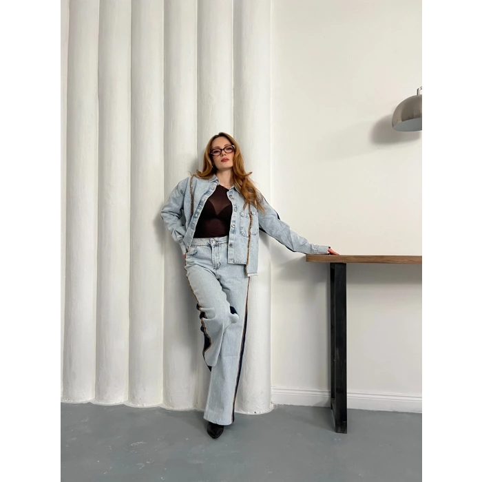 Şerit Detaylı Denim Takım