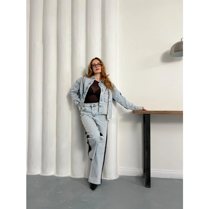 Şerit Detaylı Denim Takım