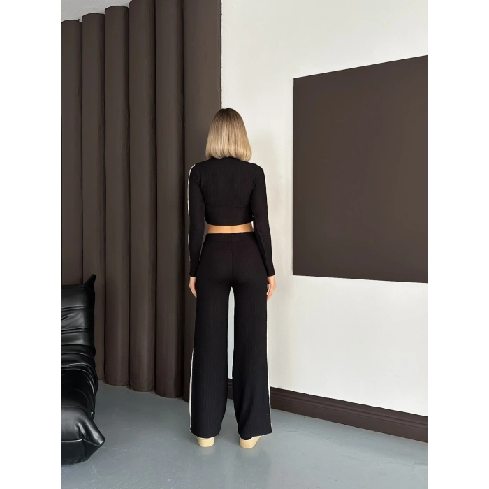 Şerit Detaylı Modal Croplu Takım Siyah