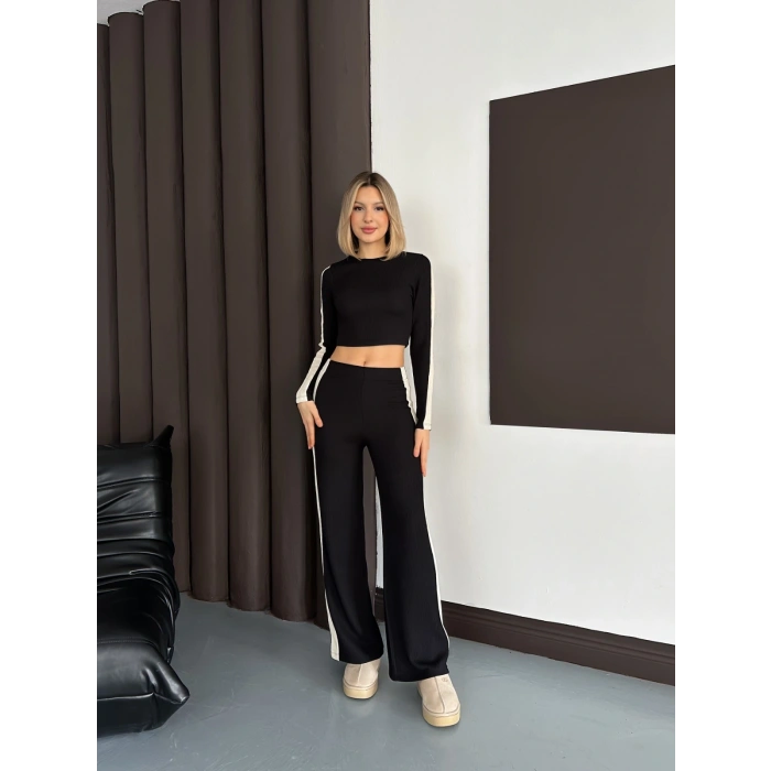 Şerit Detaylı Modal Croplu Takım Siyah