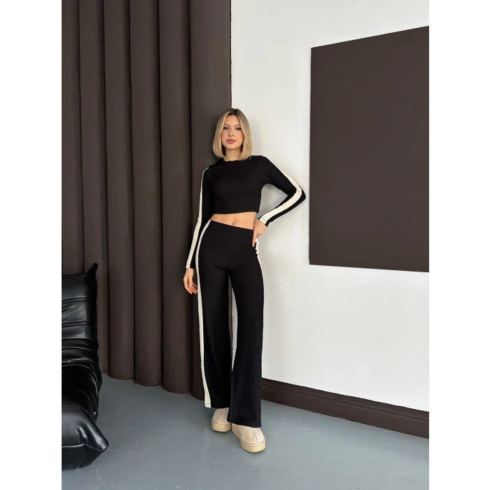 Şerit Detaylı Modal Croplu Takım Siyah