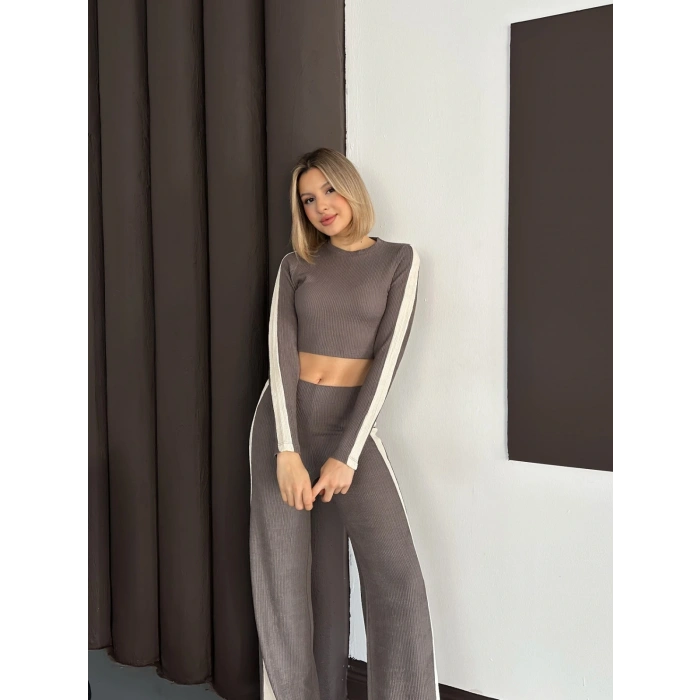 Şerit Detaylı Modal Croplu Takım Vizon