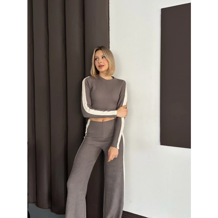 Şerit Detaylı Modal Croplu Takım Vizon