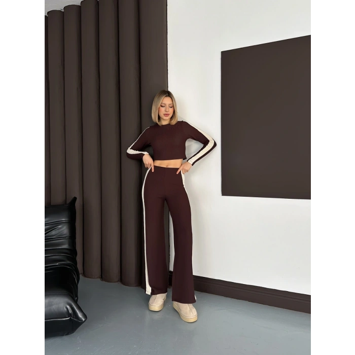 Şerit Detaylı Modal Croplu Takım Kahve