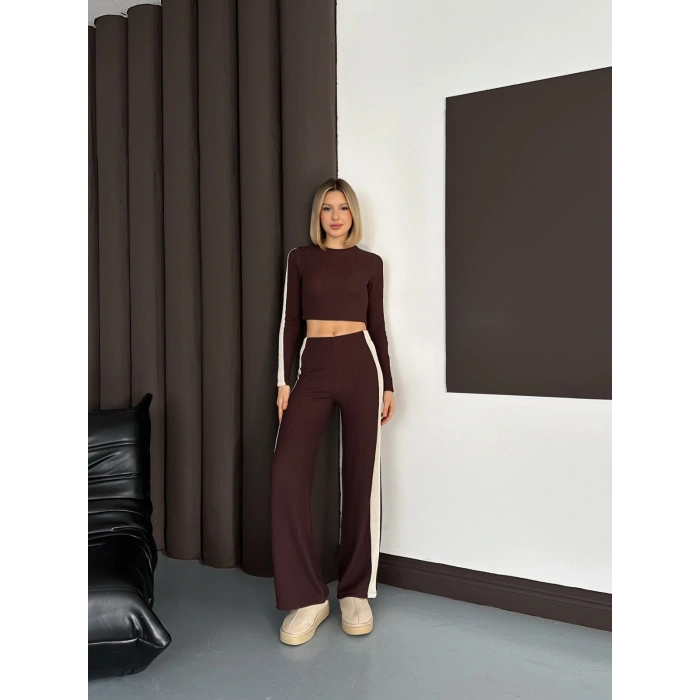 Şerit Detaylı Modal Croplu Takım Kahve