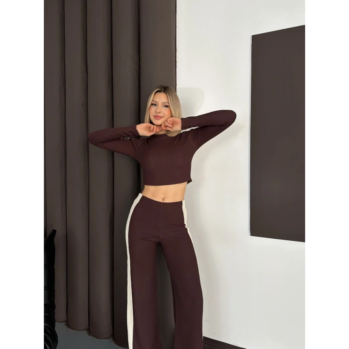 Şerit Detaylı Modal Croplu Takım Kahve