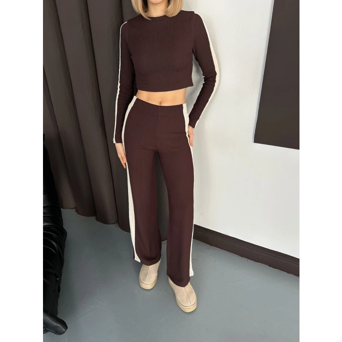 Şerit Detaylı Modal Croplu Takım Kahve