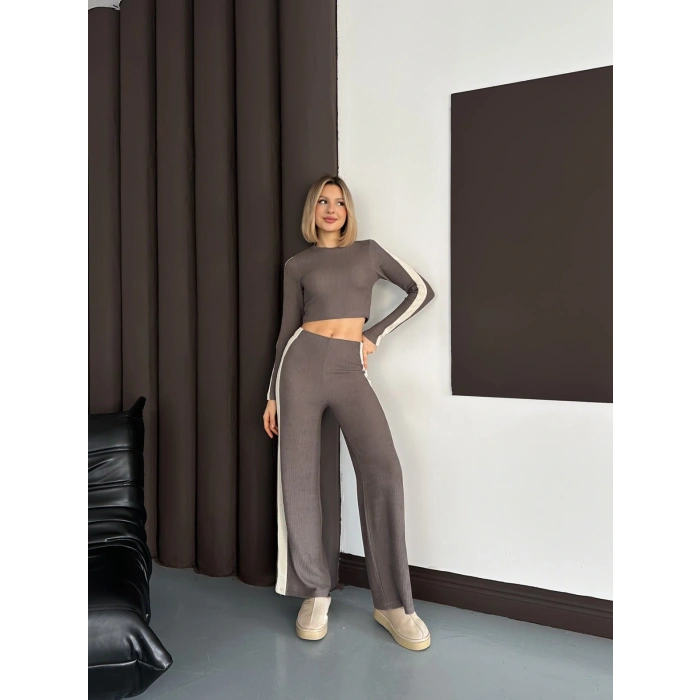 Şerit Detaylı Modal Croplu Takım Vizon