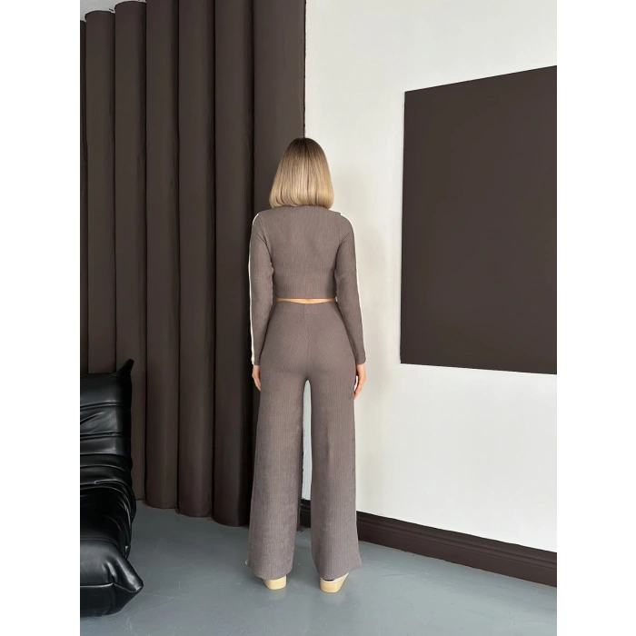 Şerit Detaylı Modal Croplu Takım Vizon