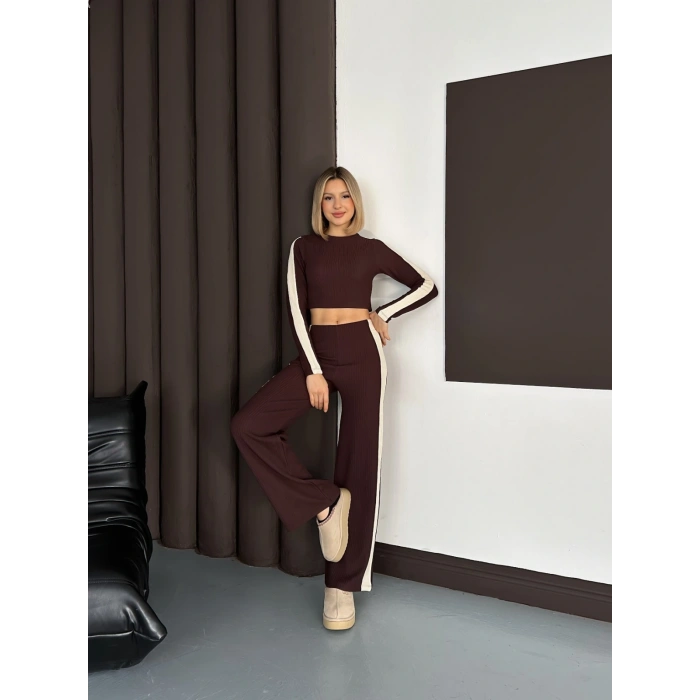 Şerit Detaylı Modal Croplu Takım Kahve