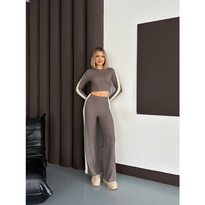 Şerit Detaylı Modal Croplu Takım Vizon