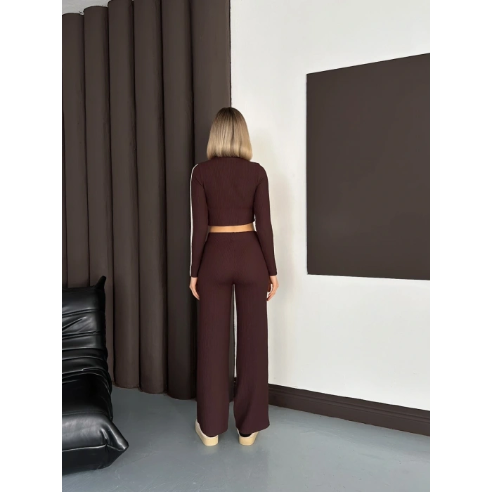 Şerit Detaylı Modal Croplu Takım Kahve