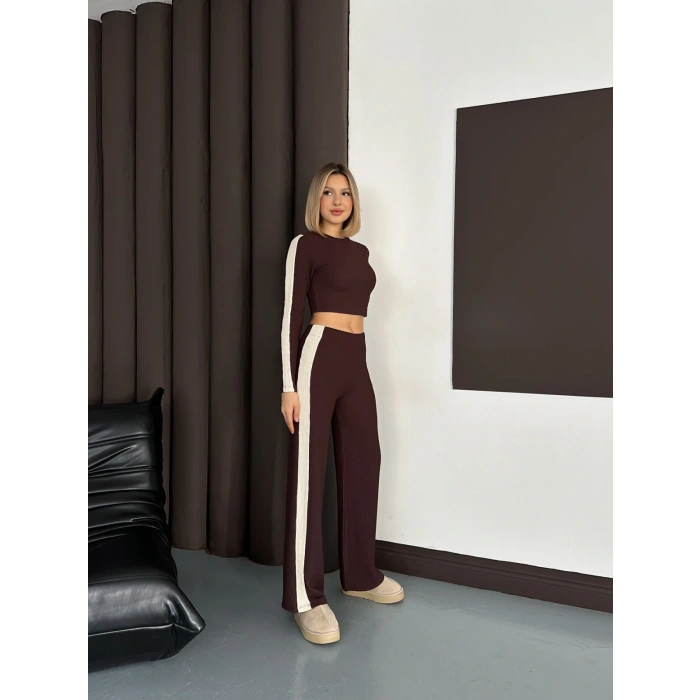 Şerit Detaylı Modal Croplu Takım Kahve