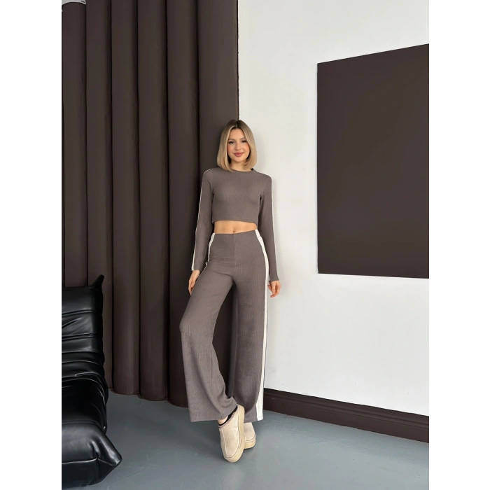 Şerit Detaylı Modal Croplu Takım Vizon