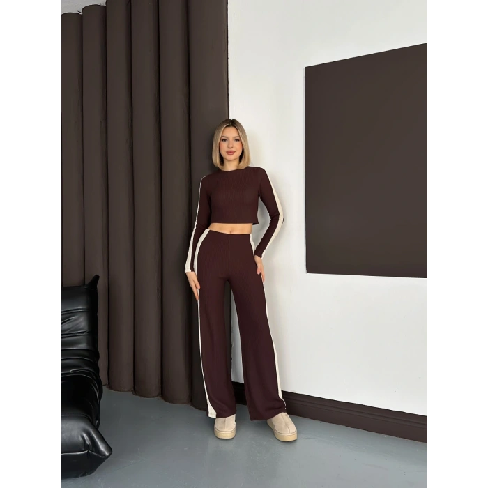 Şerit Detaylı Modal Croplu Takım Kahve