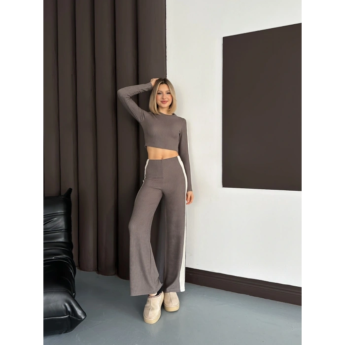 Şerit Detaylı Modal Croplu Takım Vizon