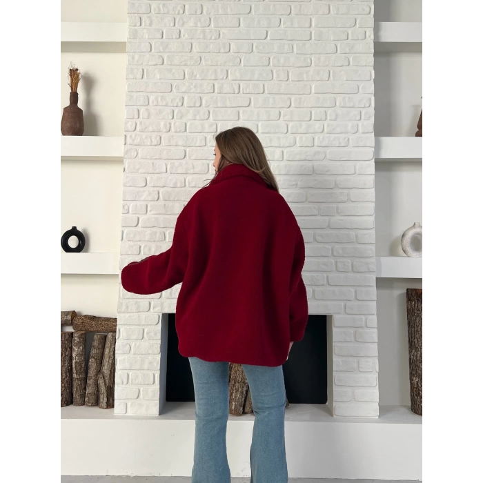 Şerit Detaylı Snuggy Peluş Ceket Bordo