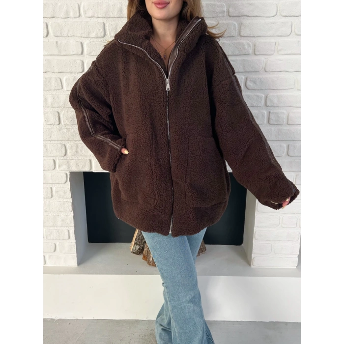 Şerit Detaylı Snuggy Peluş Ceket Kahverengi