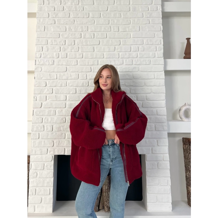 Şerit Detaylı Snuggy Peluş Ceket Bordo