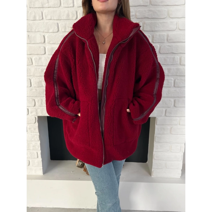 Şerit Detaylı Snuggy Peluş Ceket Bordo