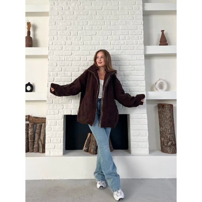 Şerit Detaylı Snuggy Peluş Ceket Kahverengi