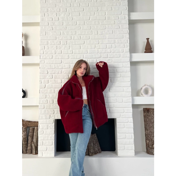 Şerit Detaylı Snuggy Peluş Ceket Bordo