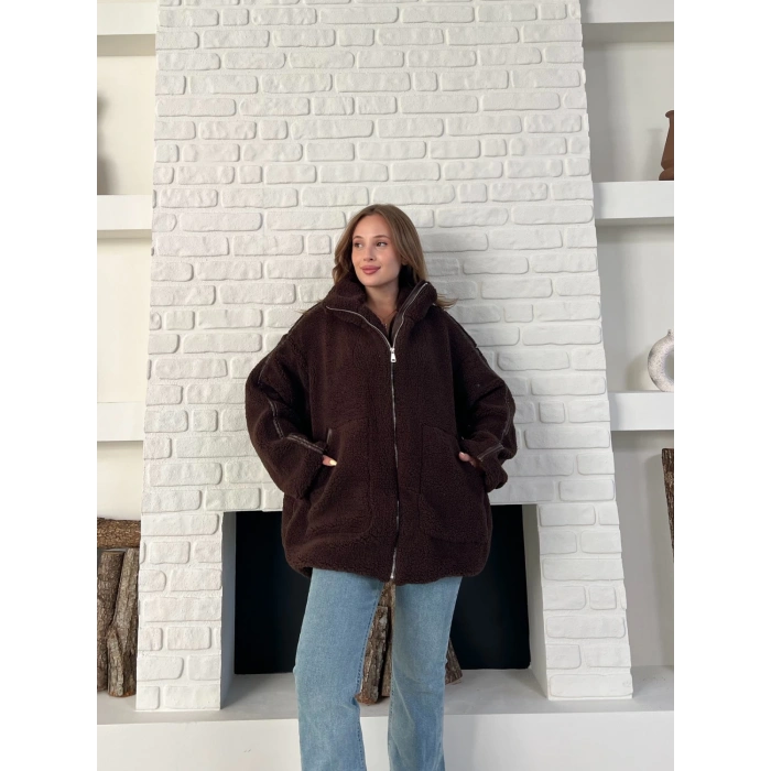 Şerit Detaylı Snuggy Peluş Ceket Kahverengi