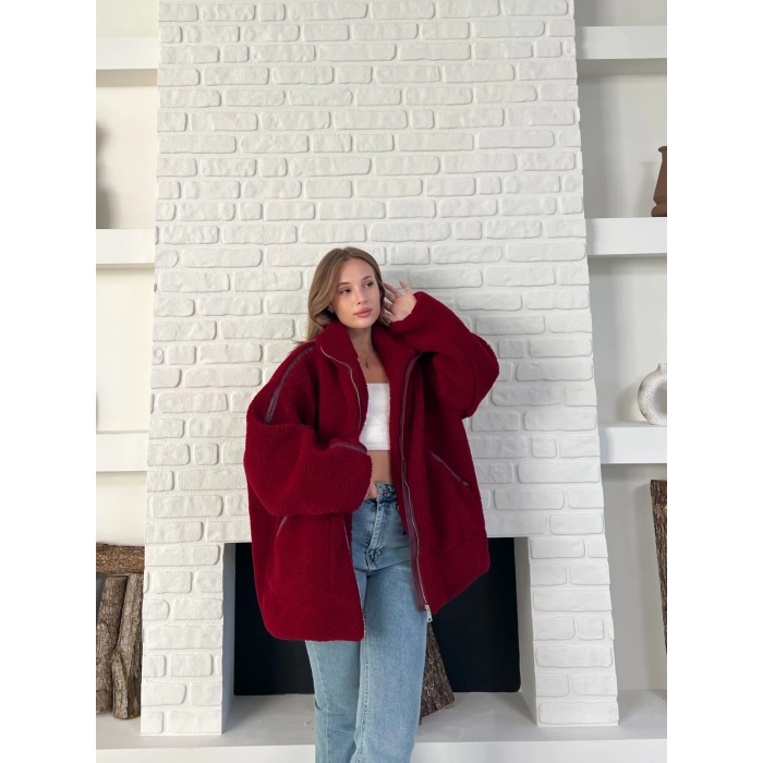 Şerit Detaylı Snuggy Peluş Ceket Bordo