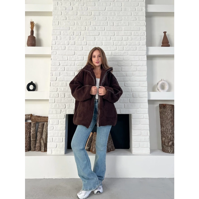 Şerit Detaylı Snuggy Peluş Ceket Kahverengi