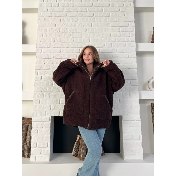Şerit Detaylı Snuggy Peluş Ceket Kahverengi