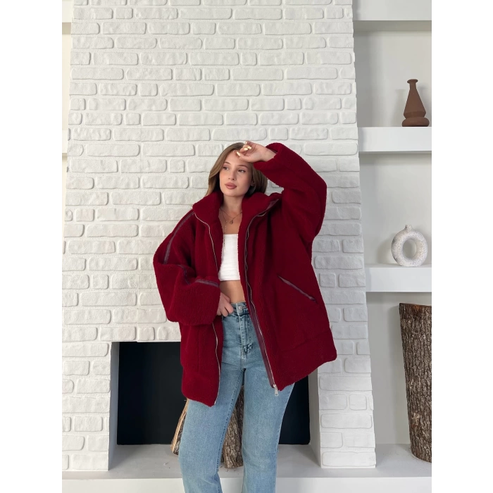 Şerit Detaylı Snuggy Peluş Ceket Bordo