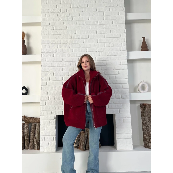 Şerit Detaylı Snuggy Peluş Ceket Bordo