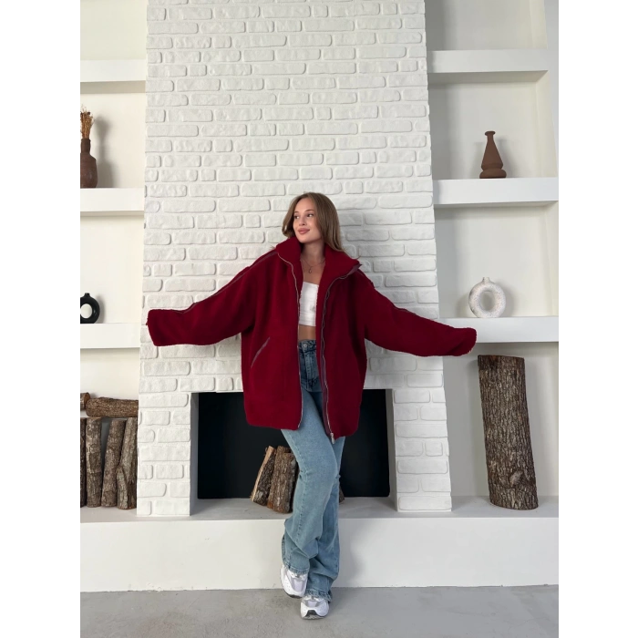 Şerit Detaylı Snuggy Peluş Ceket Bordo