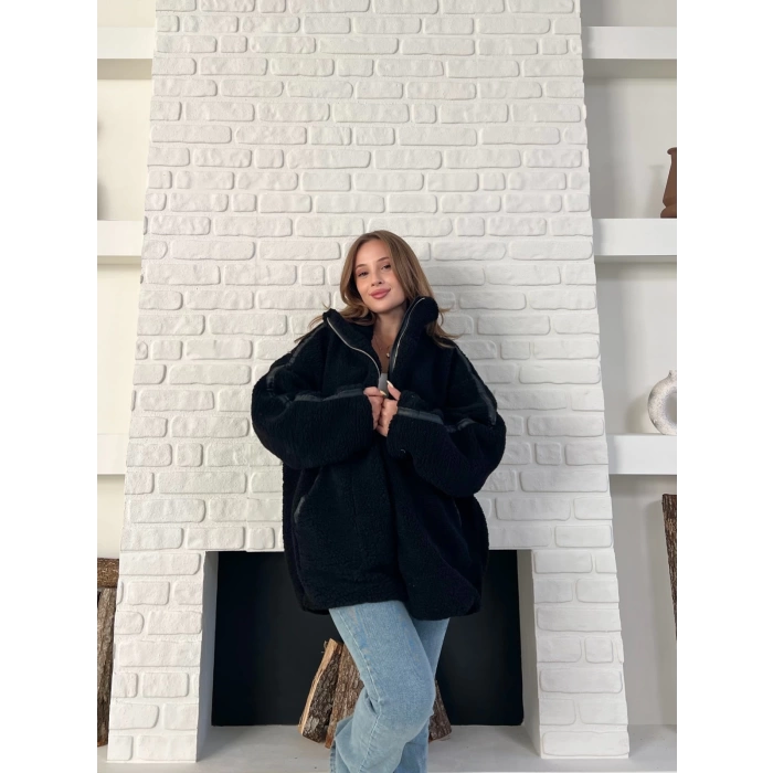 Şerit Detaylı Snuggy Peluş Ceket Siyah