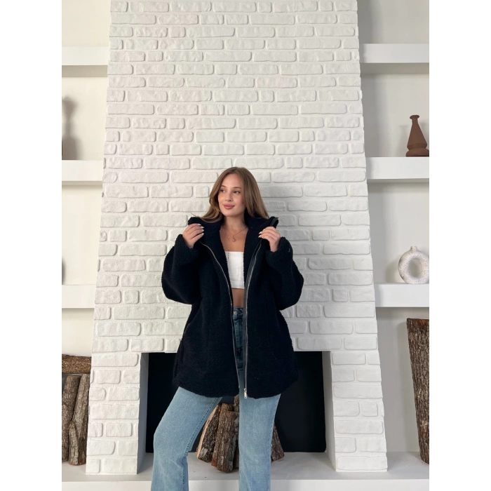 Şerit Detaylı Snuggy Peluş Ceket Siyah