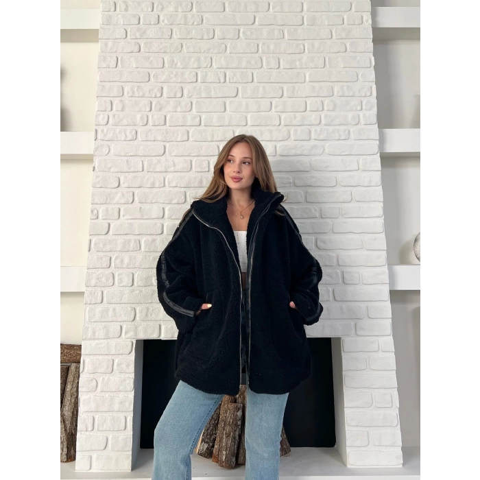 Şerit Detaylı Snuggy Peluş Ceket Siyah