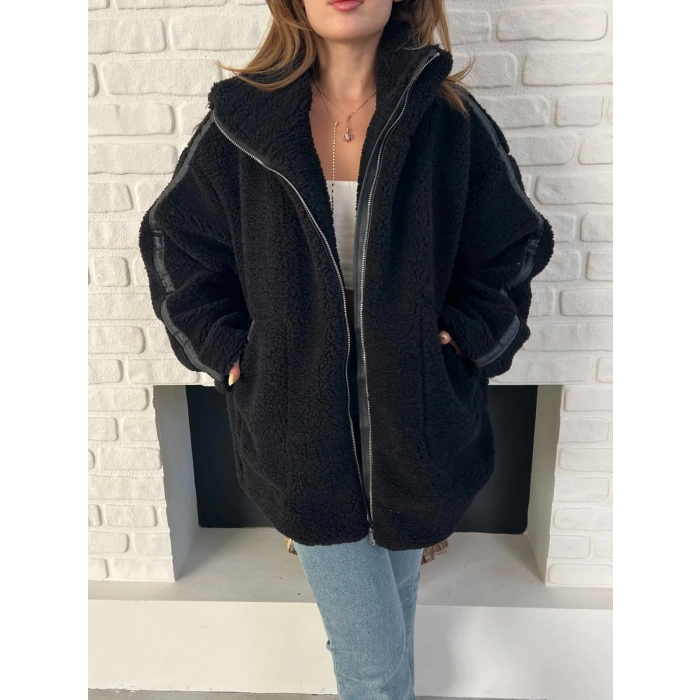 Şerit Detaylı Snuggy Peluş Ceket Siyah