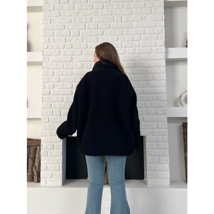 Şerit Detaylı Snuggy Peluş Ceket Siyah