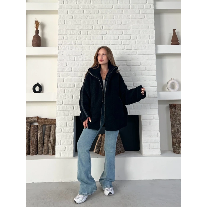 Şerit Detaylı Snuggy Peluş Ceket Siyah