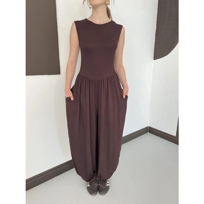 Sıfır Kol Basic Şalvar Tulum Kahve