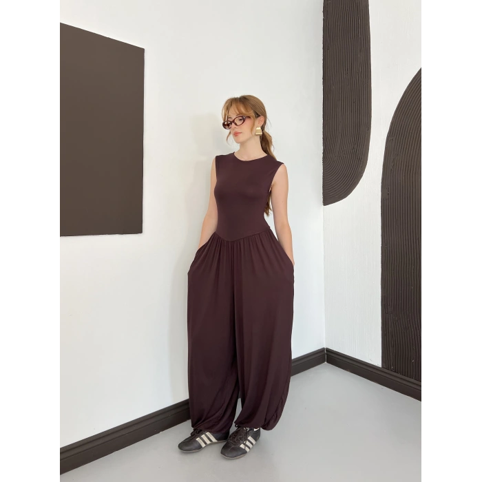 Sıfır Kol Basic Şalvar Tulum Kahve