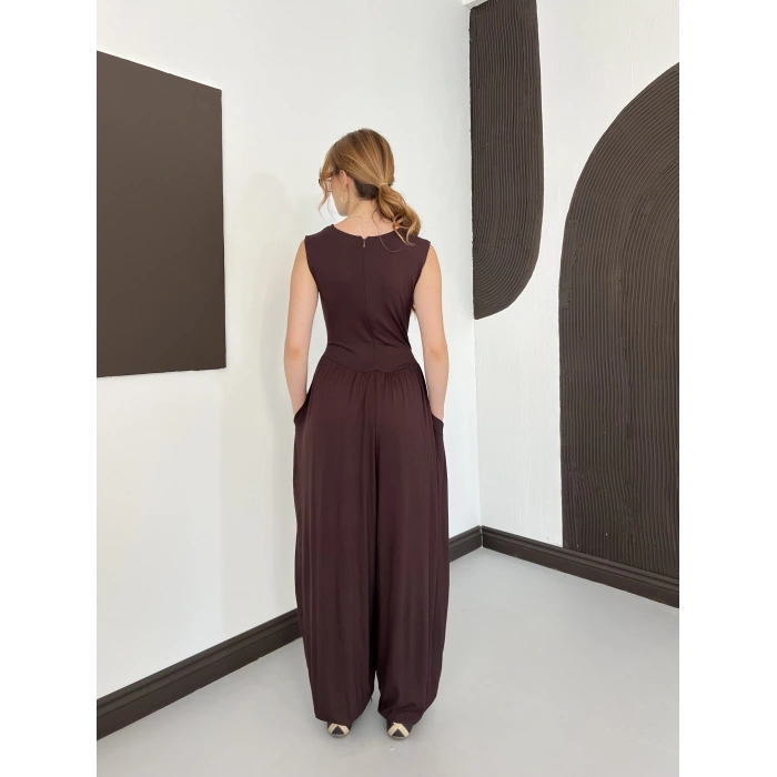 Sıfır Kol Basic Şalvar Tulum Kahve