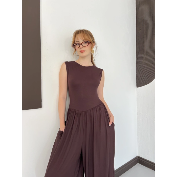 Sıfır Kol Basic Şalvar Tulum Kahve