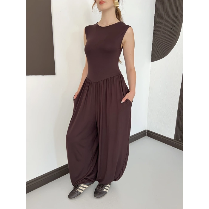 Sıfır Kol Basic Şalvar Tulum Kahve