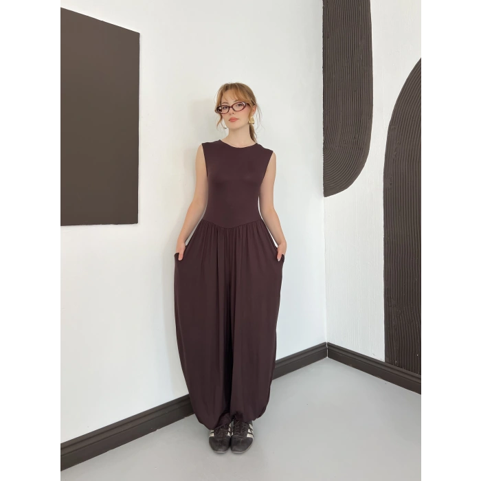 Sıfır Kol Basic Şalvar Tulum Kahve