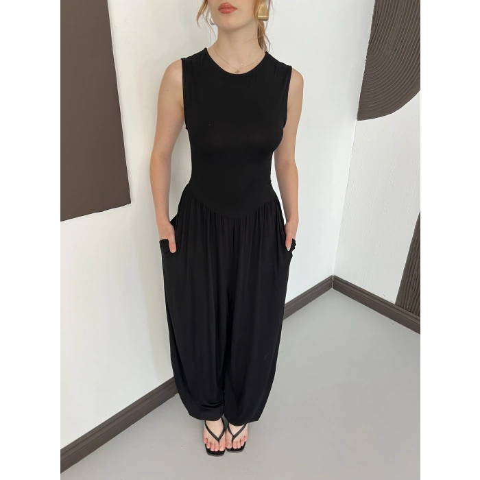 Sıfır Kol Basic Şalvar Tulum Siyah