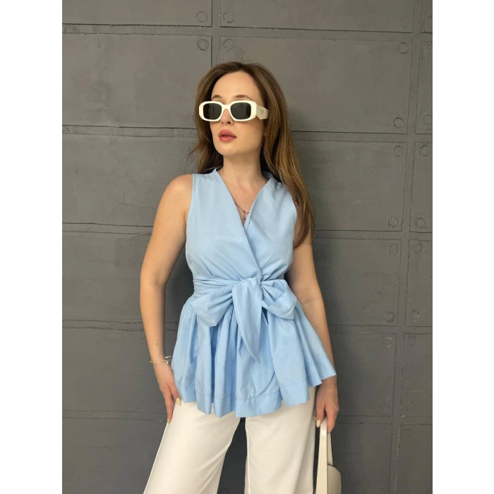 Sıfır Kol Kuşaklı Bluz Bebe Mavisi
