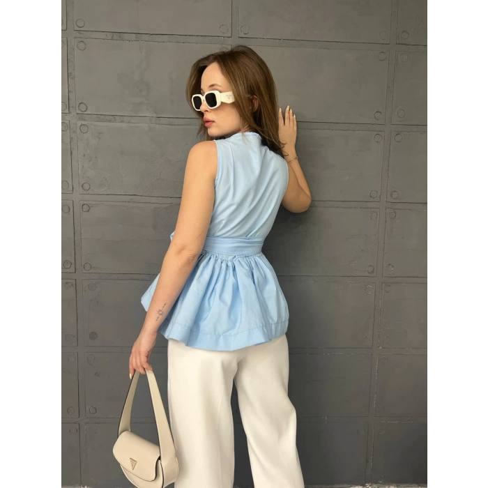 Sıfır Kol Kuşaklı Bluz Bebe Mavisi
