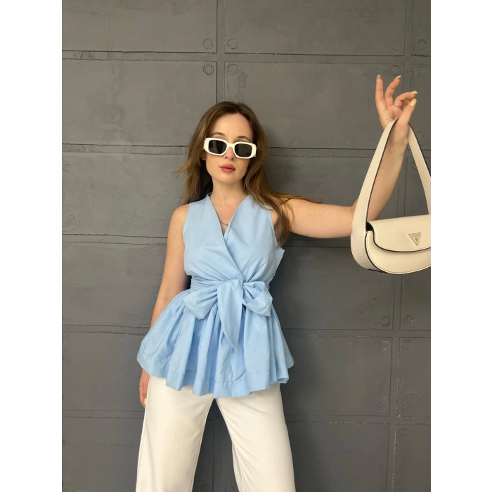Sıfır Kol Kuşaklı Bluz Bebe Mavisi