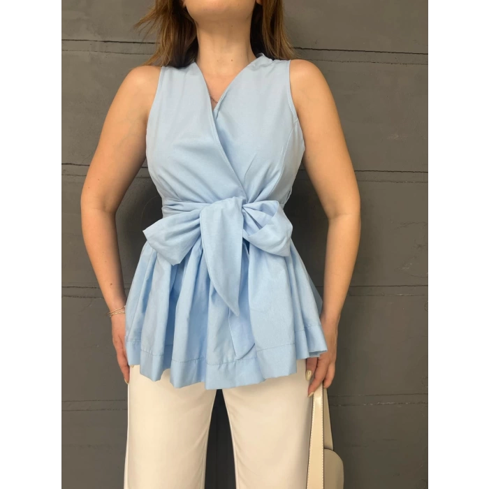 Sıfır Kol Kuşaklı Bluz Bebe Mavisi